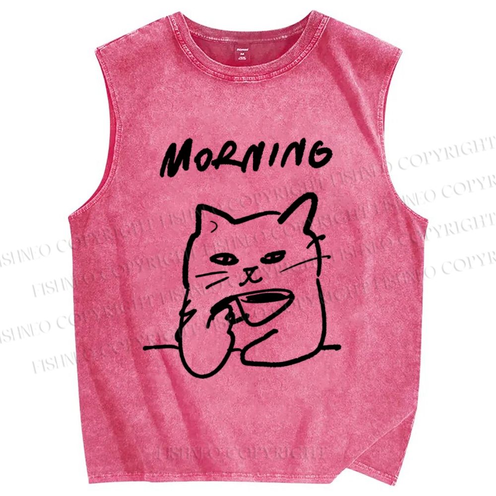 Unisex Morning Cat Printed Washed Tank Top