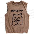 Unisex Morning Cat Printed Washed Tank Top