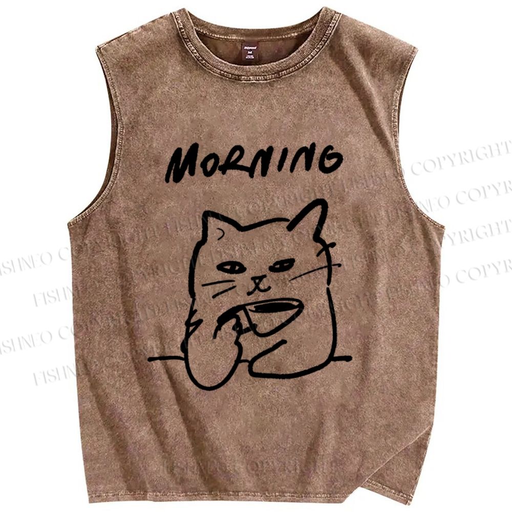 Unisex Morning Cat Printed Washed Tank Top