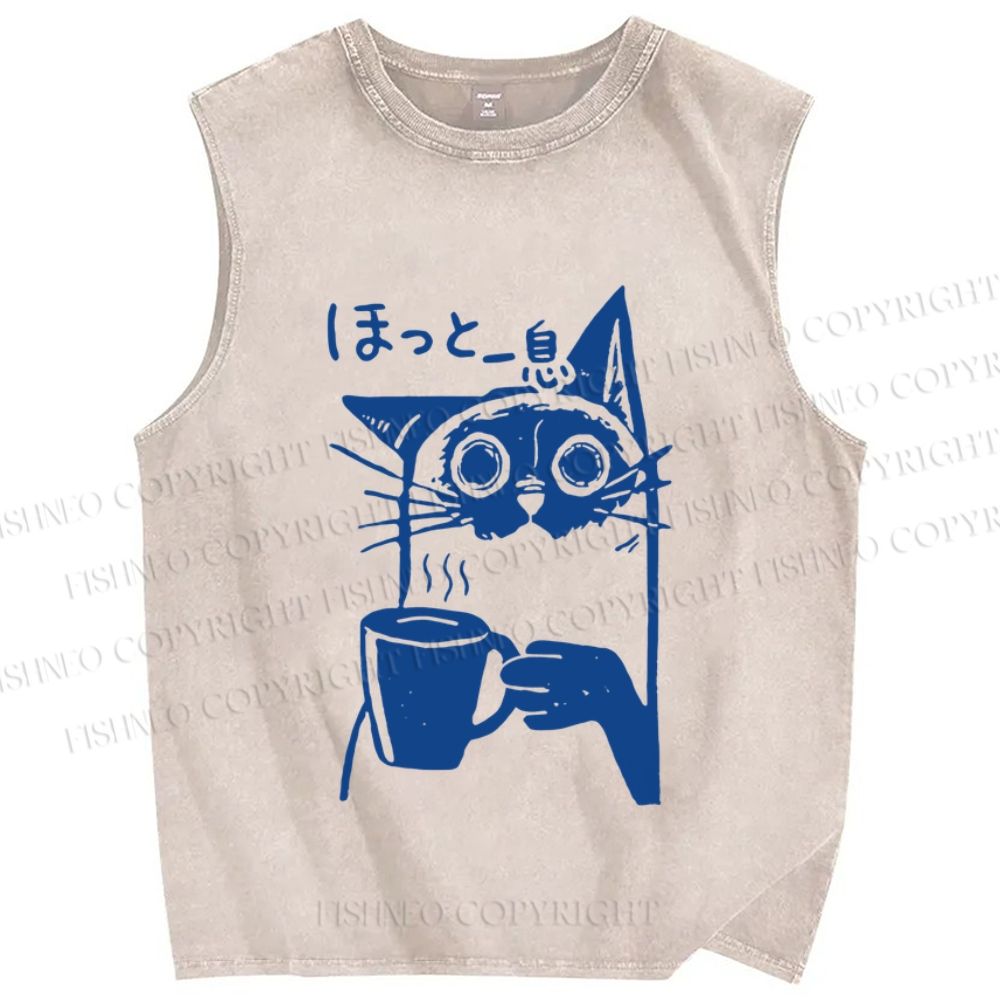 Unisex Resting Cat Vintage Printed Washed Tank Top
