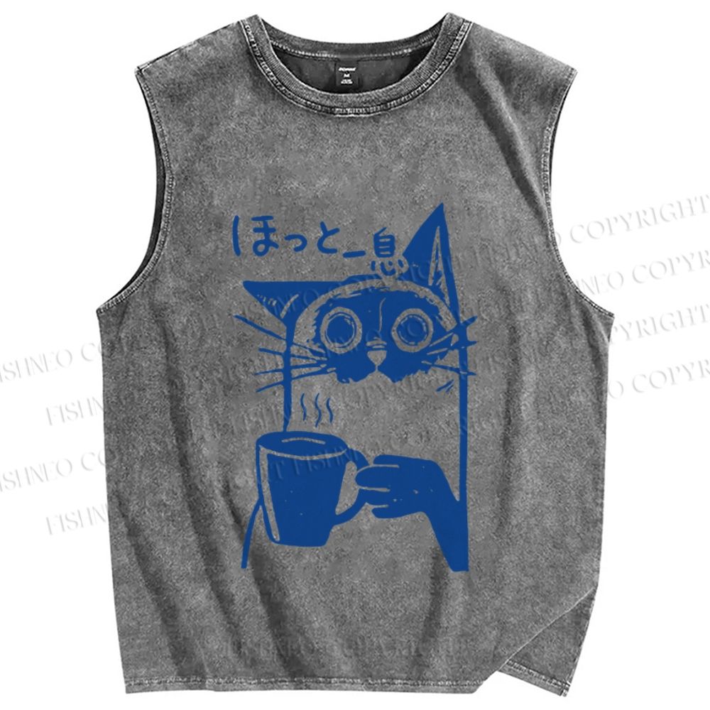 Unisex Resting Cat Vintage Printed Washed Tank Top