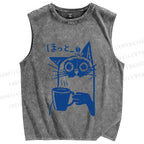 Unisex Resting Cat Vintage Printed Washed Tank Top
