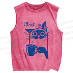Unisex Resting Cat Vintage Printed Washed Tank Top
