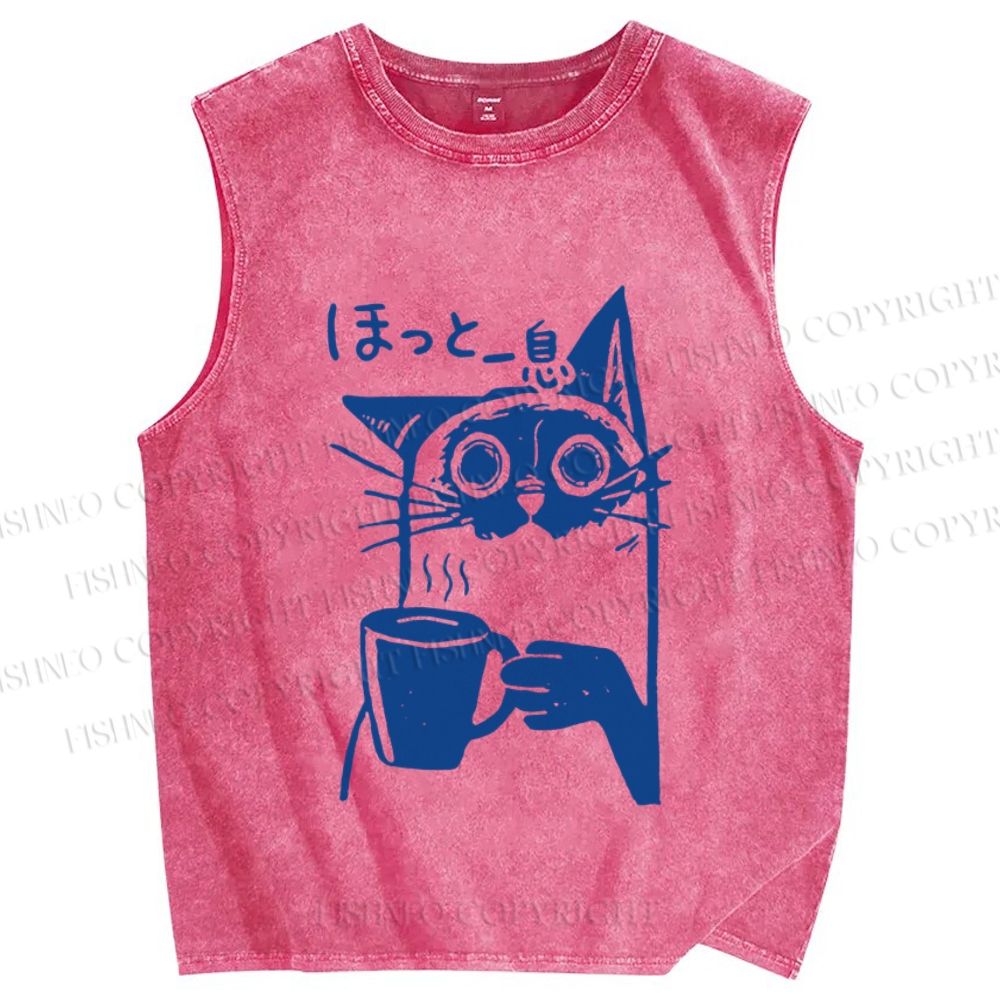 Unisex Resting Cat Vintage Printed Washed Tank Top