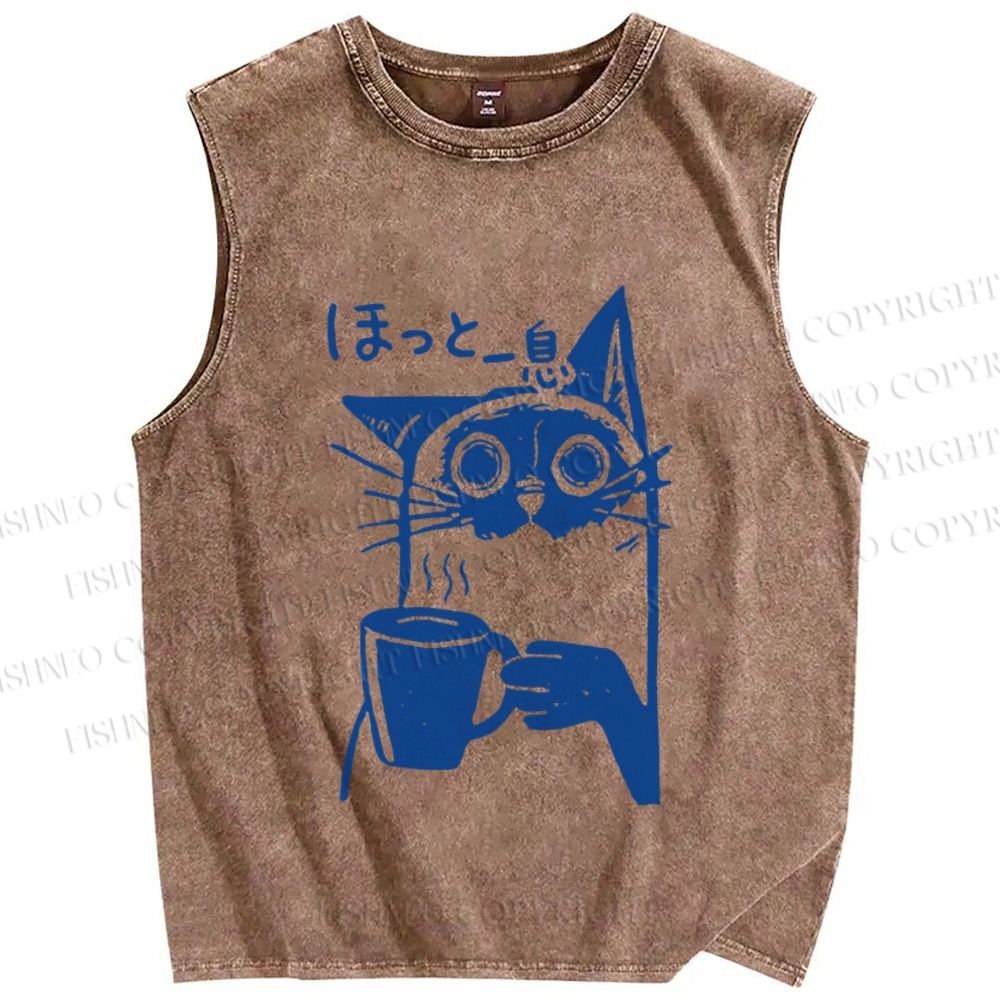 Unisex Resting Cat Vintage Printed Washed Tank Top