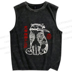 Unisex Japanese Cat Samurai Printed Washed Tank Top