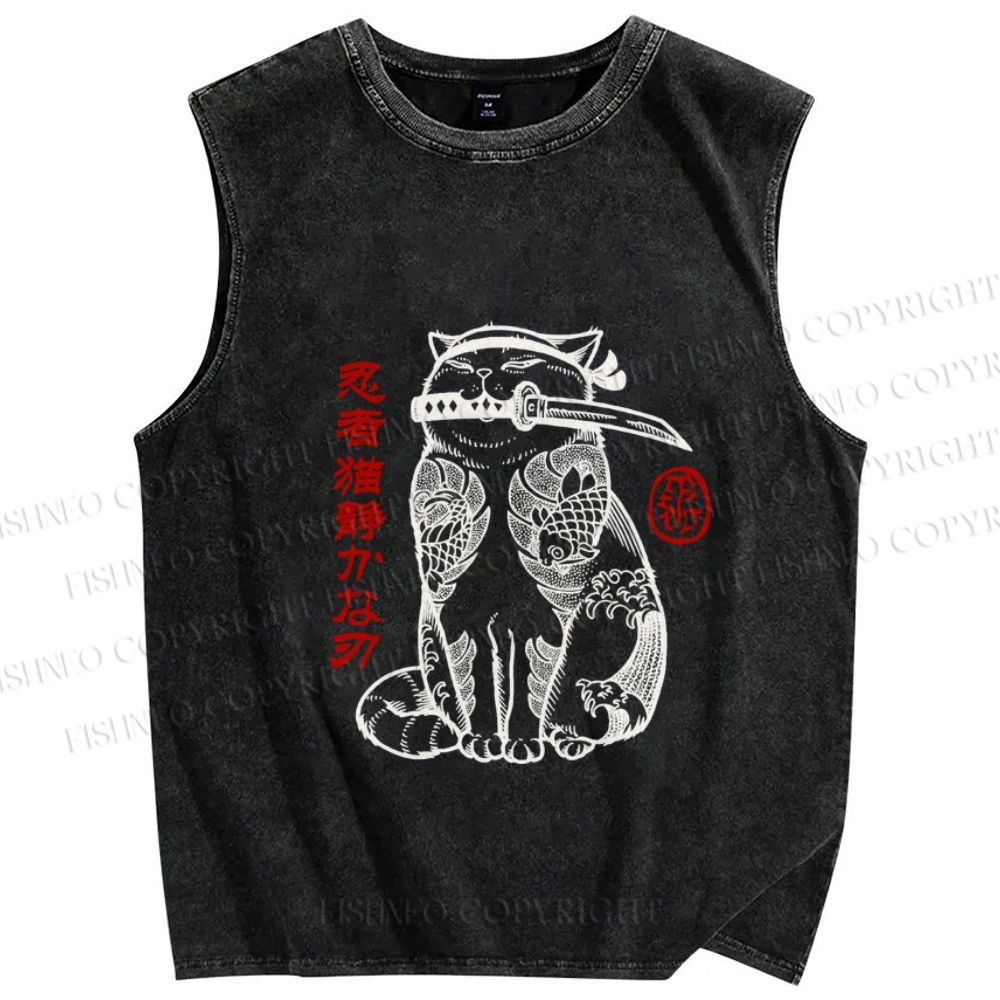 Unisex Japanese Cat Samurai Printed Washed Tank Top