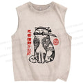 Unisex Japanese Cat Samurai Printed Washed Tank Top