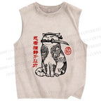 Unisex Japanese Cat Samurai Printed Washed Tank Top