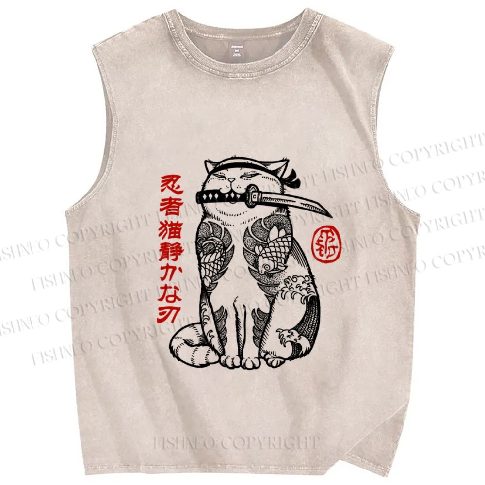 Unisex Japanese Cat Samurai Printed Washed Tank Top