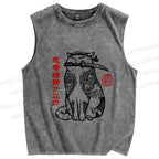 Unisex Japanese Cat Samurai Printed Washed Tank Top