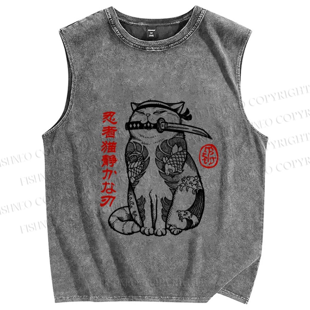 Unisex Japanese Cat Samurai Printed Washed Tank Top