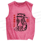 Unisex Japanese Cat Samurai Printed Washed Tank Top