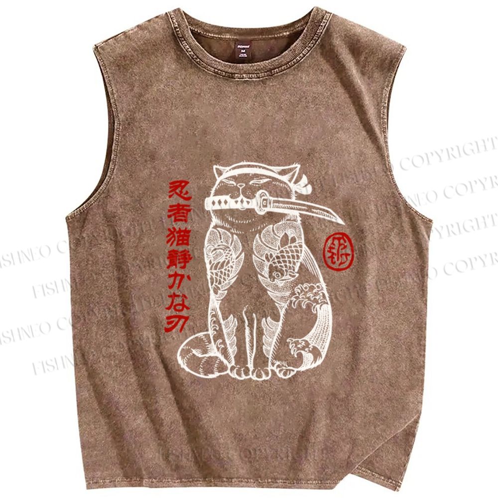 Unisex Japanese Cat Samurai Printed Washed Tank Top