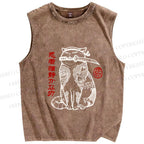 Unisex Japanese Cat Samurai Printed Washed Tank Top