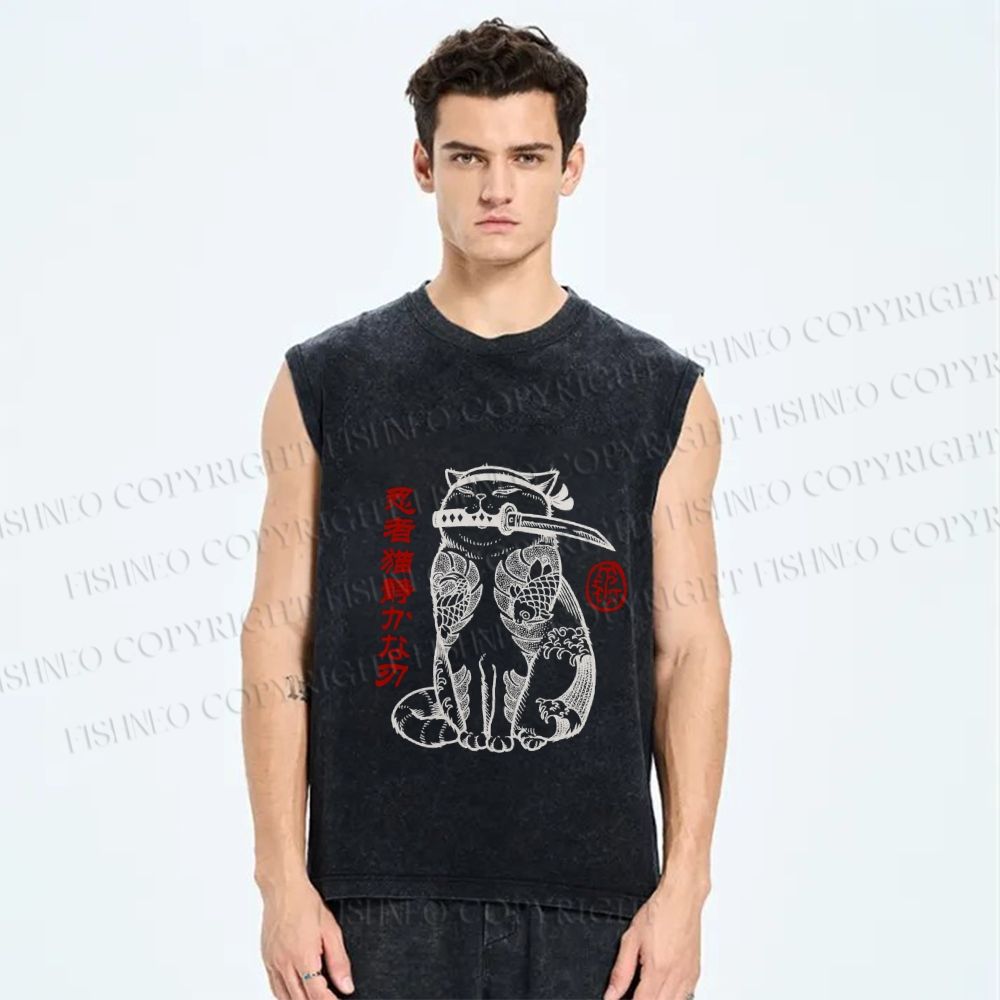 Unisex Japanese Cat Samurai Printed Washed Tank Top