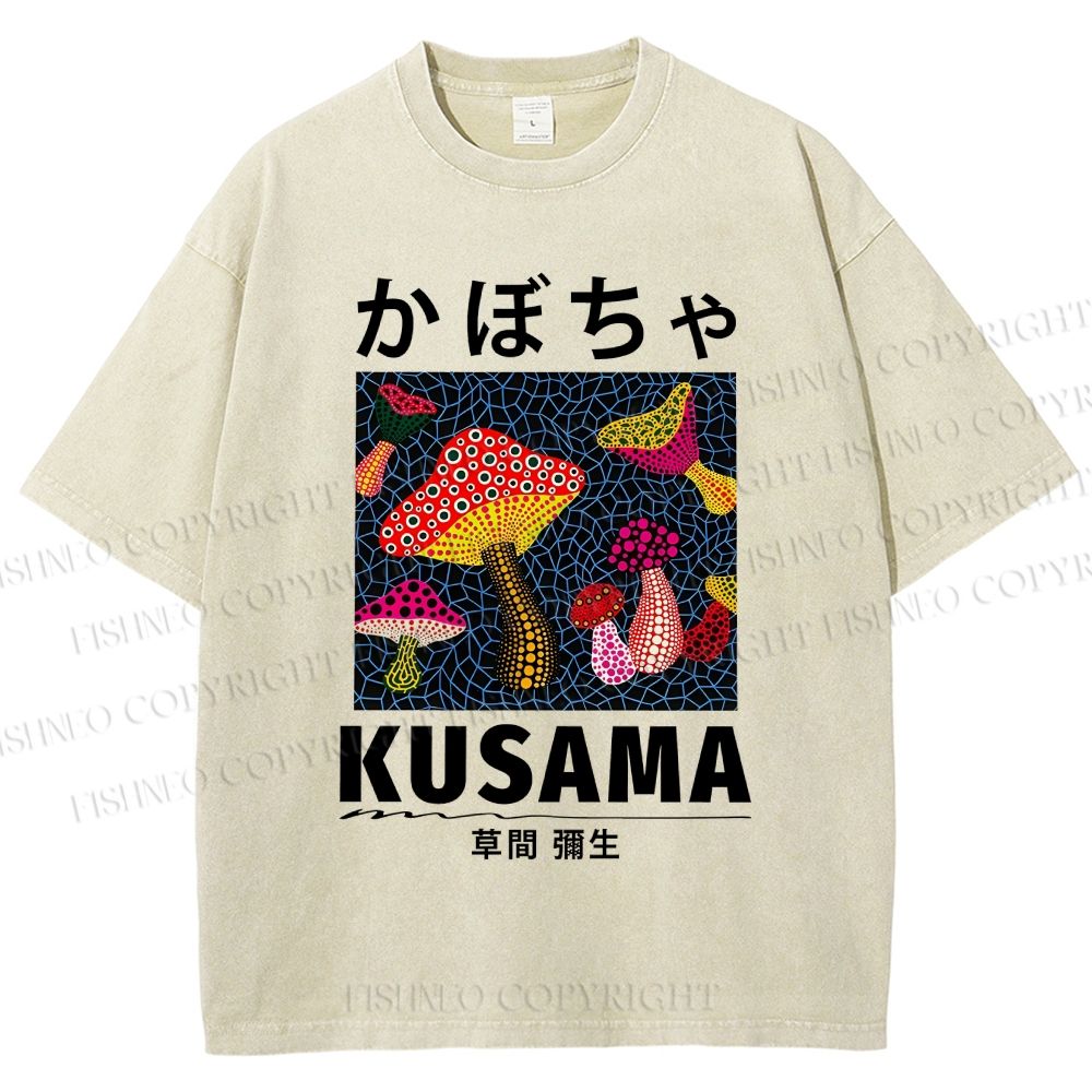 Unisex Yayoi Kusama Mushroom Printed Washed Tee