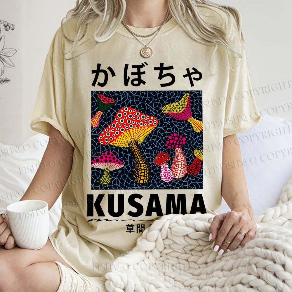 Unisex Yayoi Kusama Mushroom Printed Washed Tee
