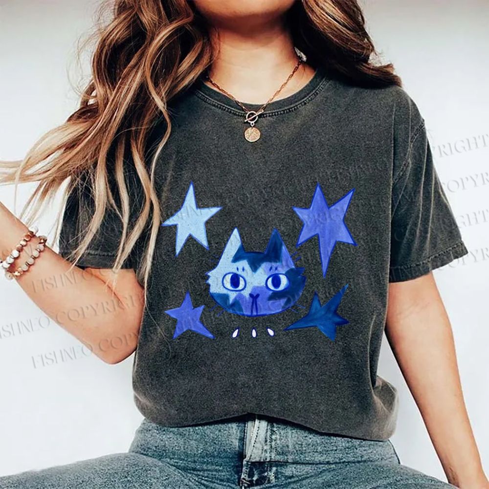 Unisex Blue Star Cartoon Cat Printed Washed Tee