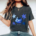 Unisex Blue Star Cartoon Cat Printed Washed Tee
