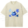Unisex Blue Star Cartoon Cat Printed Washed Tee