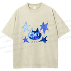 Unisex Blue Star Cartoon Cat Printed Washed Tee