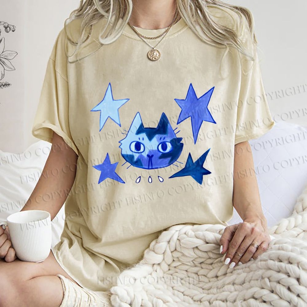 Unisex Blue Star Cartoon Cat Printed Washed Tee