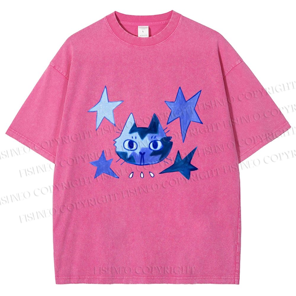 Unisex Blue Star Cartoon Cat Printed Washed Tee