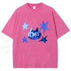Unisex Blue Star Cartoon Cat Printed Washed Tee