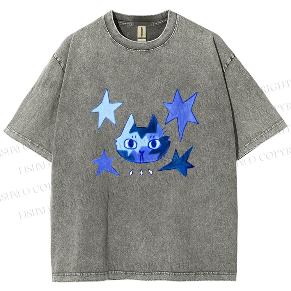 Unisex Blue Star Cartoon Cat Printed Washed Tee