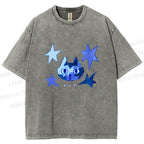 Unisex Blue Star Cartoon Cat Printed Washed Tee