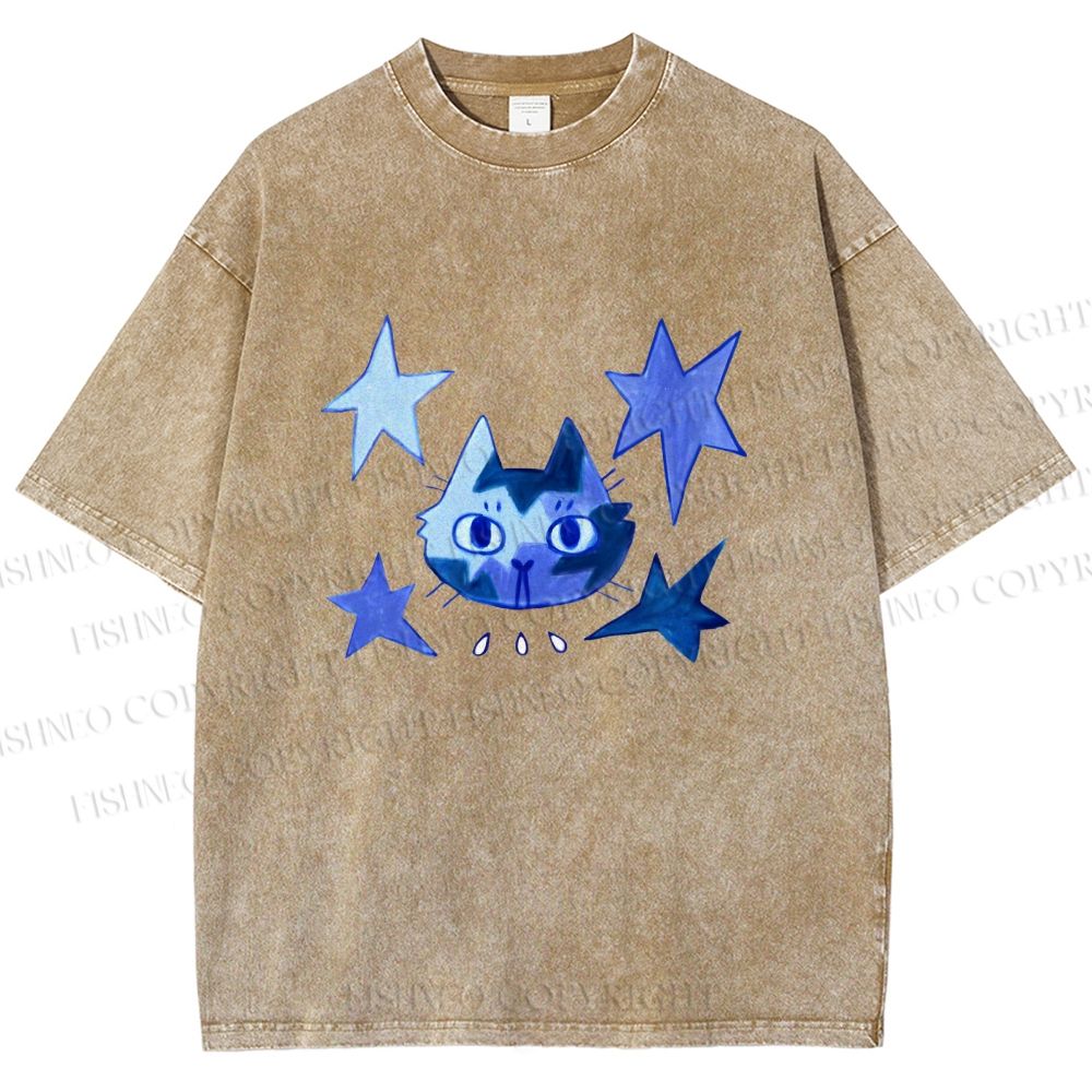 Unisex Blue Star Cartoon Cat Printed Washed Tee