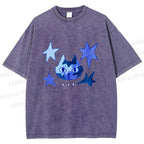 Unisex Blue Star Cartoon Cat Printed Washed Tee