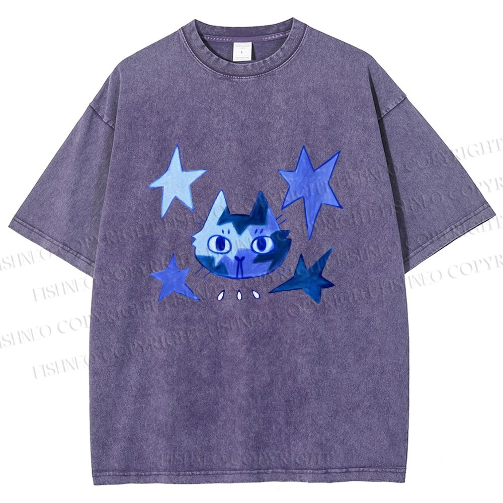 Unisex Blue Star Cartoon Cat Printed Washed Tee