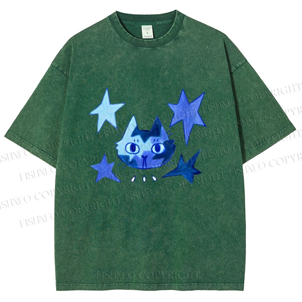 Unisex Blue Star Cartoon Cat Printed Washed Tee