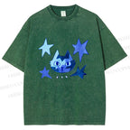 Unisex Blue Star Cartoon Cat Printed Washed Tee