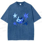 Unisex Blue Star Cartoon Cat Printed Washed Tee