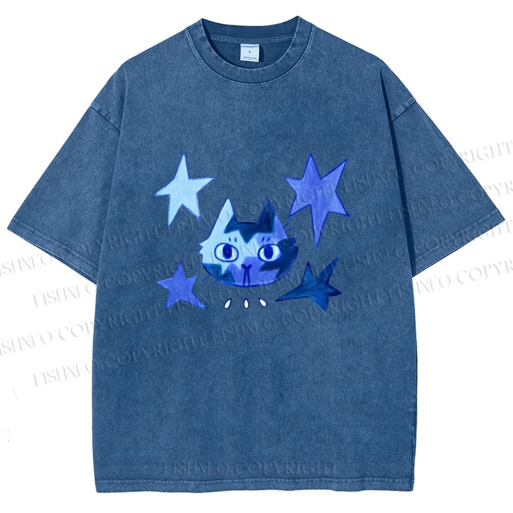 Unisex Blue Star Cartoon Cat Printed Washed Tee