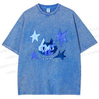 Unisex Blue Star Cartoon Cat Printed Washed Tee