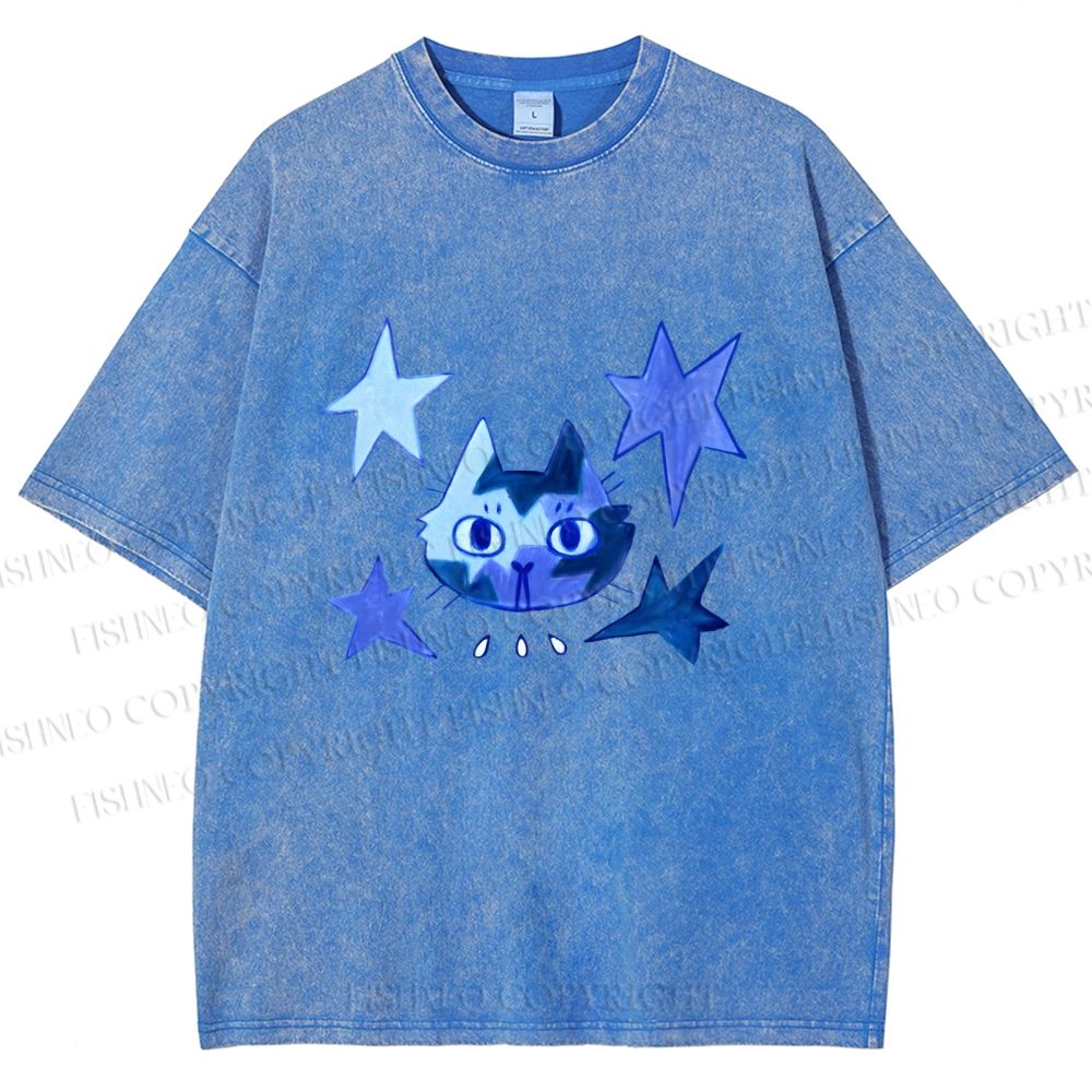 Unisex Blue Star Cartoon Cat Printed Washed Tee