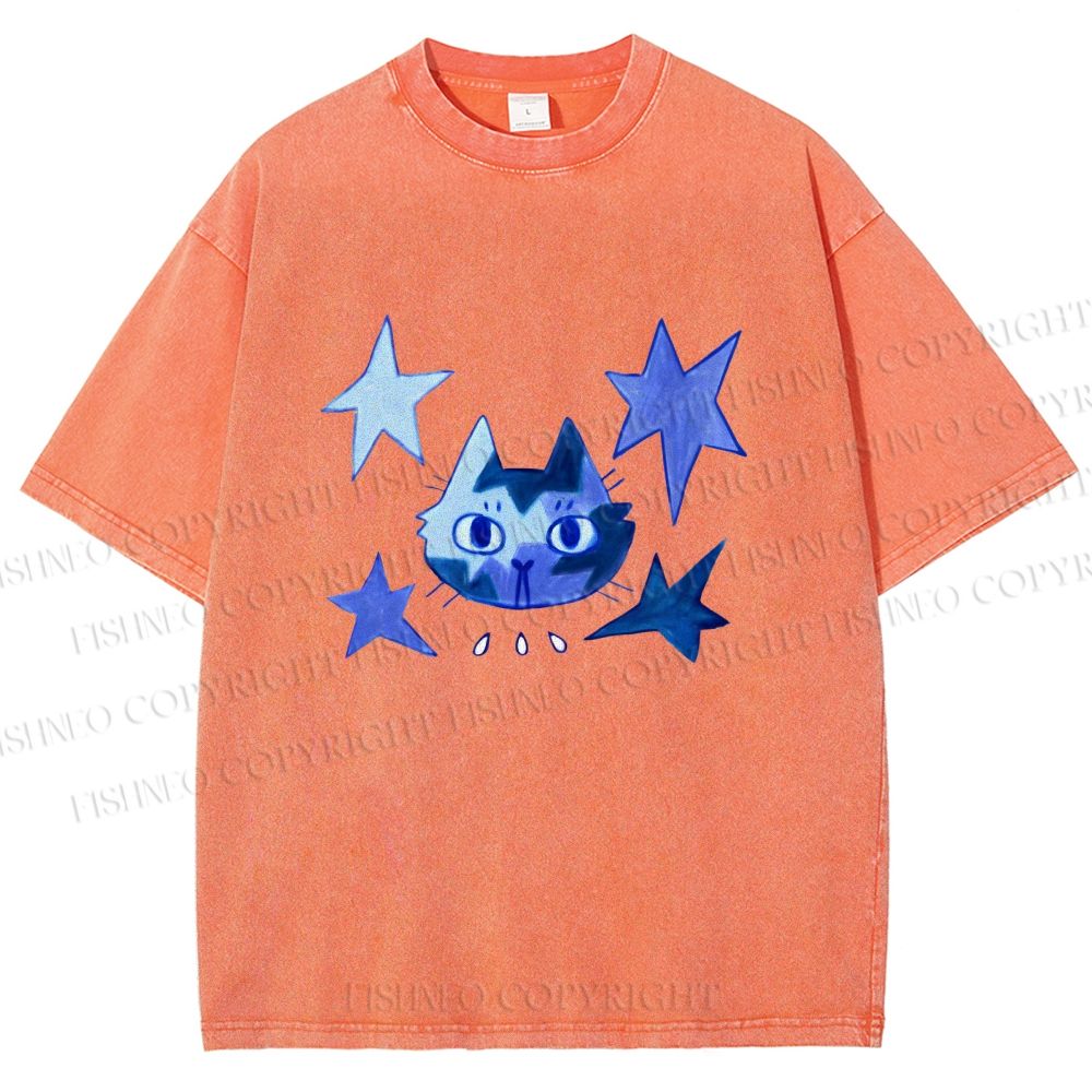 Unisex Blue Star Cartoon Cat Printed Washed Tee