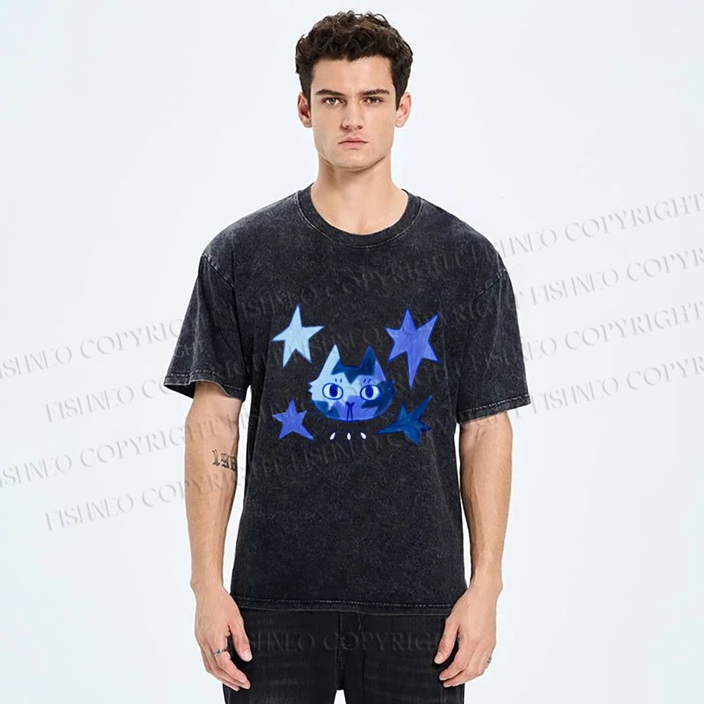 Unisex Blue Star Cartoon Cat Printed Washed Tee