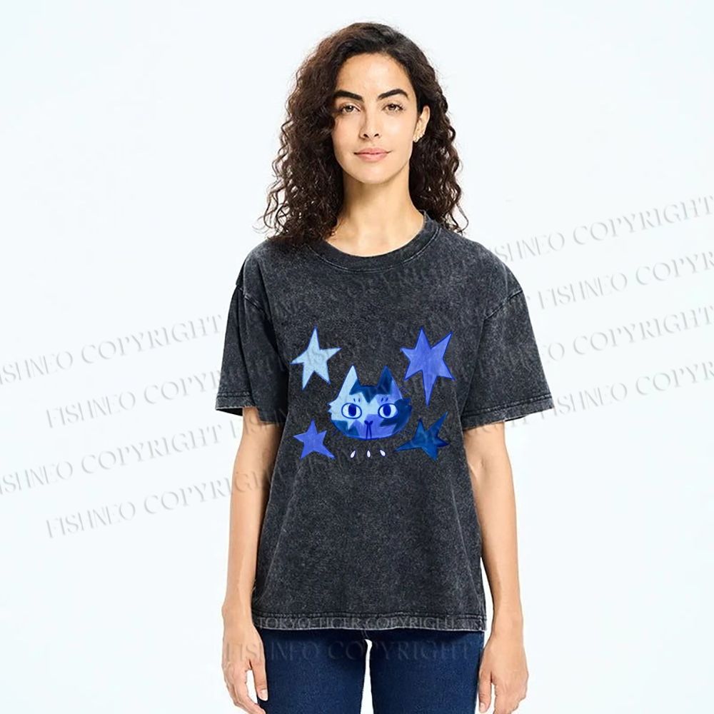Unisex Blue Star Cartoon Cat Printed Washed Tee