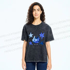 Unisex Blue Star Cartoon Cat Printed Washed Tee