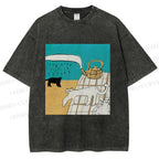 Unisex Vintage Cat Painting Printed Washed Tee