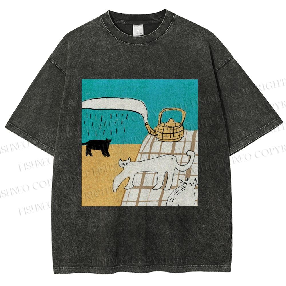 Unisex Vintage Cat Painting Printed Washed Tee