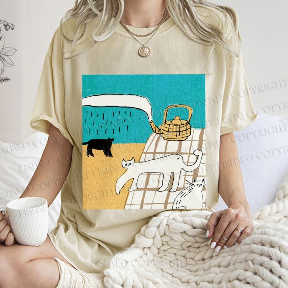 Unisex Vintage Cat Painting Printed Washed Tee
