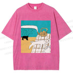 Unisex Vintage Cat Painting Printed Washed Tee