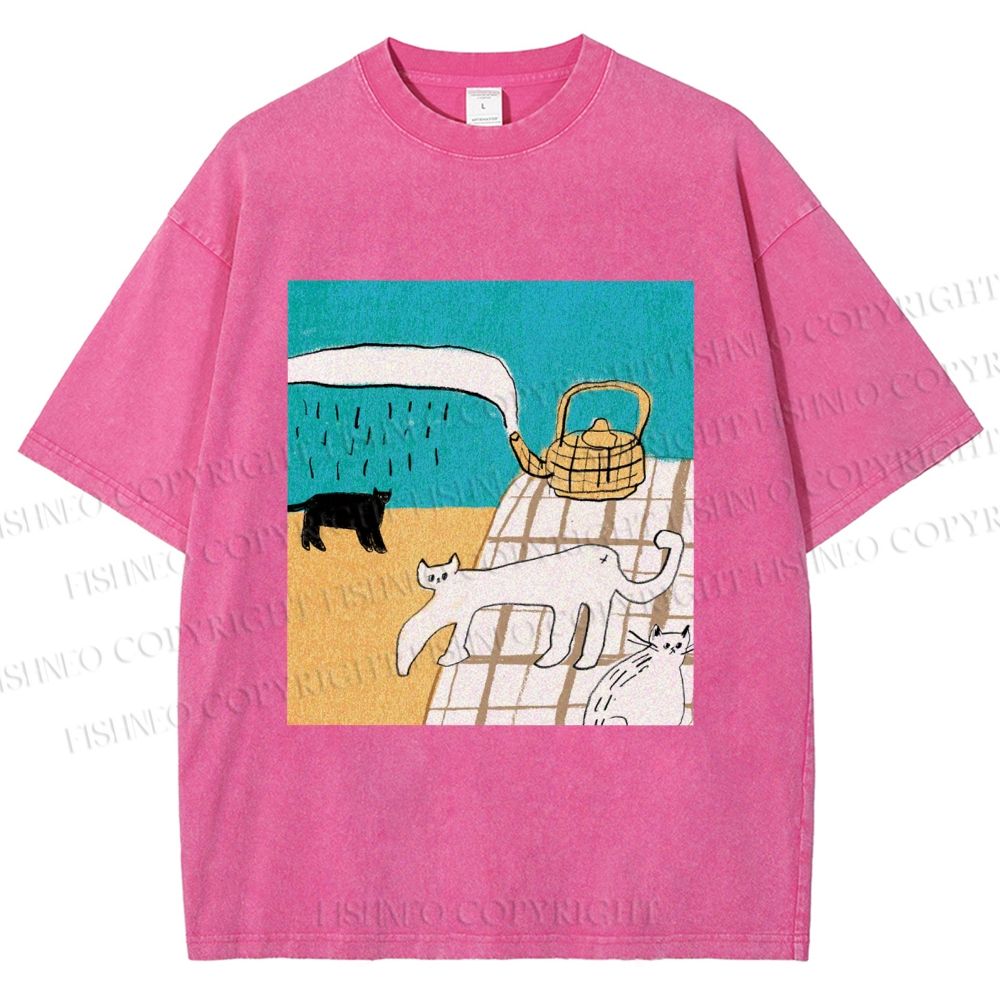 Unisex Vintage Cat Painting Printed Washed Tee
