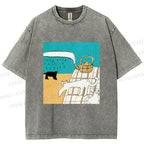 Unisex Vintage Cat Painting Printed Washed Tee